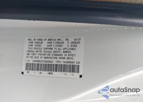 2007 Honda Accord 3.0 Ex from USA, damaged, VIN 1HGCM82627A005403